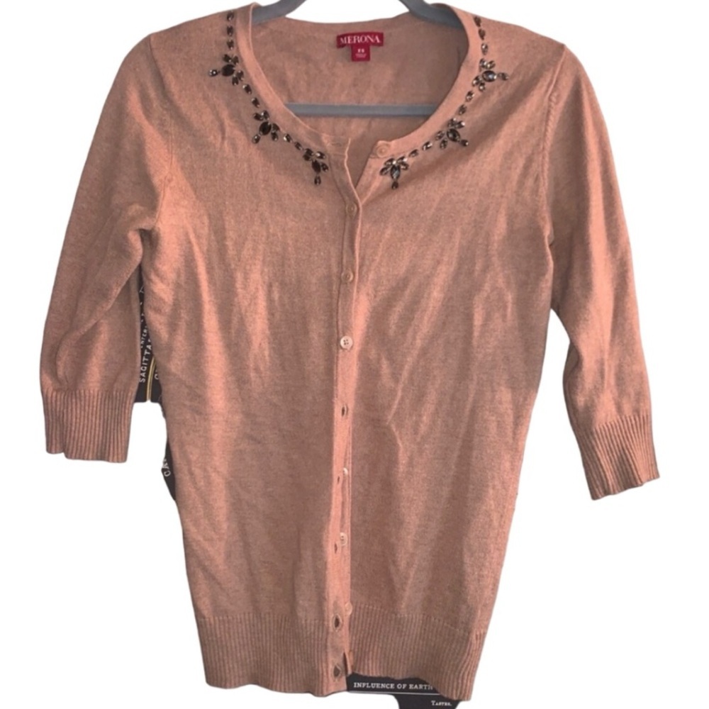 Merona Jeweled Detail Tan Cardigan Sweater Sz XS